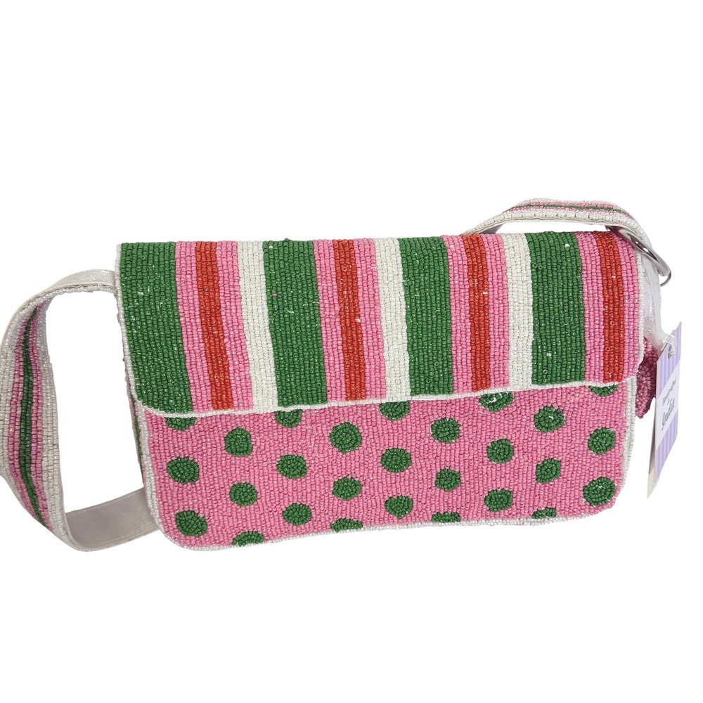 Handcrafted Beaded Striped Polka Dot Shoulder Bag Pink Green Multi New
